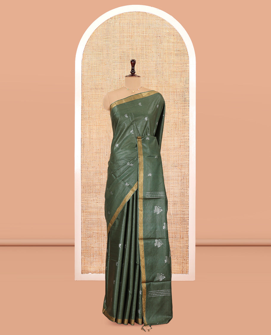 Green Tussar Saree, Detailed with Buttas, a Subtle Zari Border, Pallu of Butterfly Buttas, and a Matching Blouse