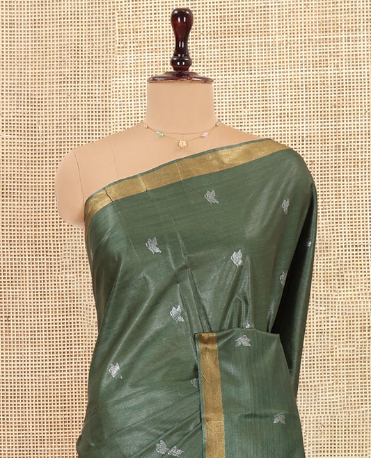Green Tussar Saree, Detailed with Buttas, a Subtle Zari Border, Pallu of Butterfly Buttas, and a Matching Blouse