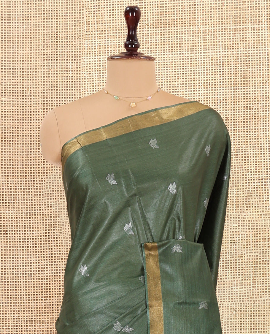 Green Tussar Saree, Detailed with Buttas, a Subtle Zari Border, Pallu of Butterfly Buttas, and a Matching Blouse