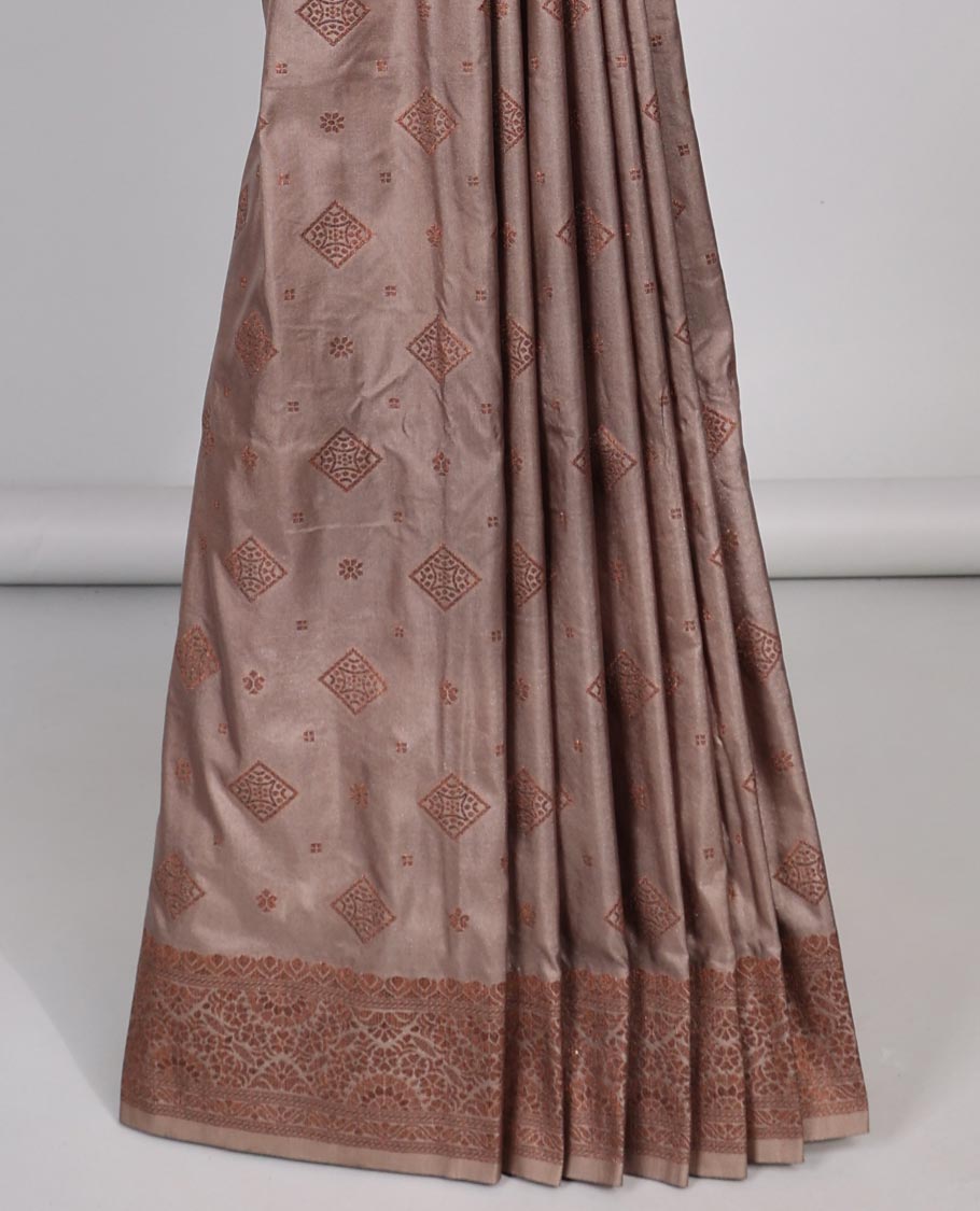 Grey motifs semi- banaras tussar saree with self floral design border & intricate zari design pallu