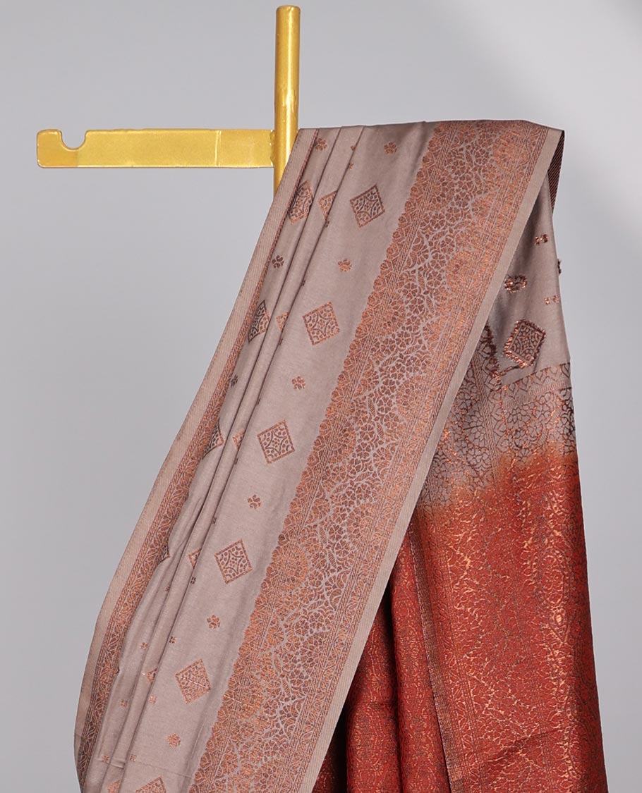 Grey motifs semi- banaras tussar saree with self floral design border & intricate zari design pallu