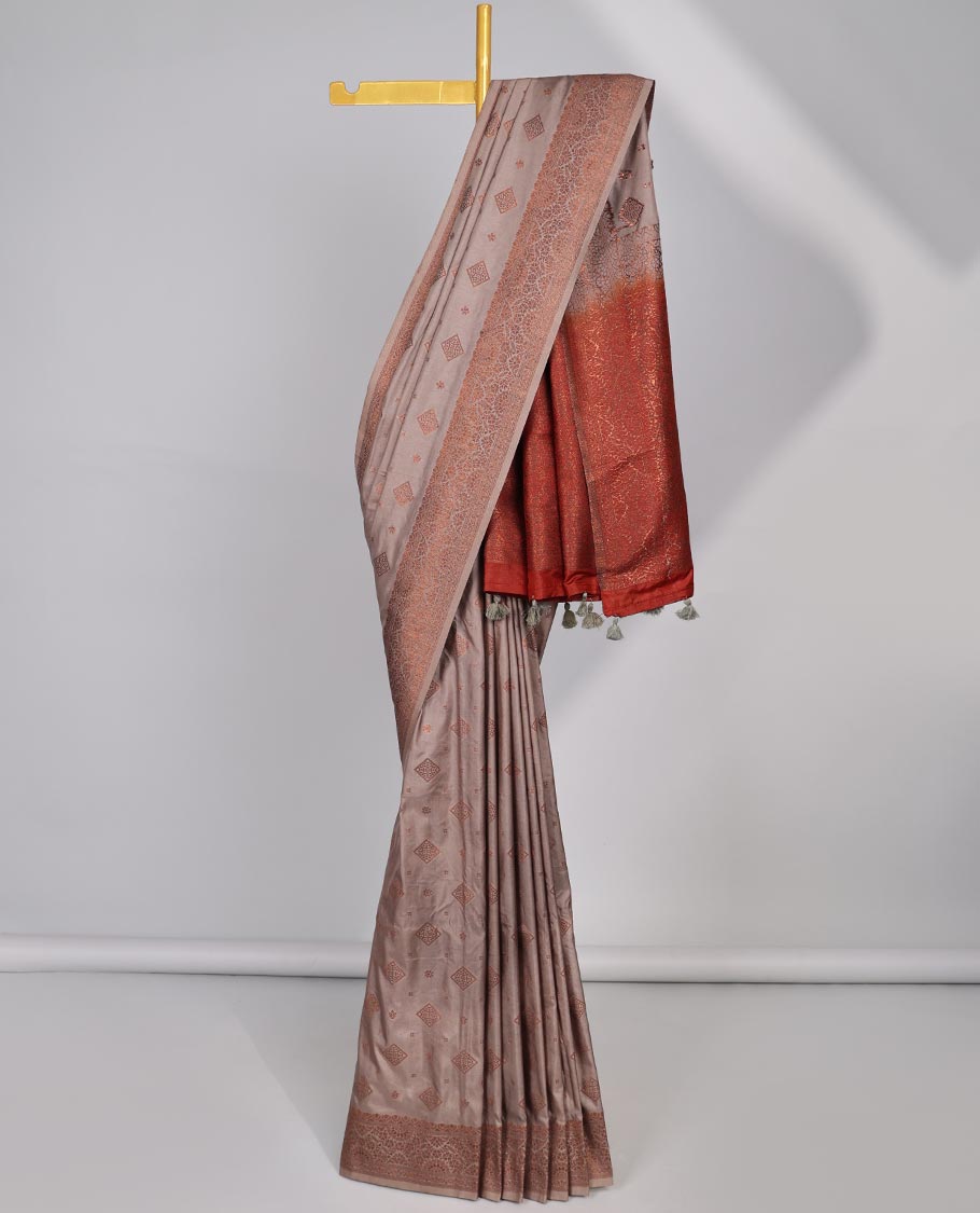 Grey motifs semi- banaras tussar saree with self floral design border & intricate zari design pallu