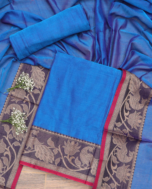 Blue floral, peacock design chudidhar material top with plain bottom & plain, intricate zari design border dupatta