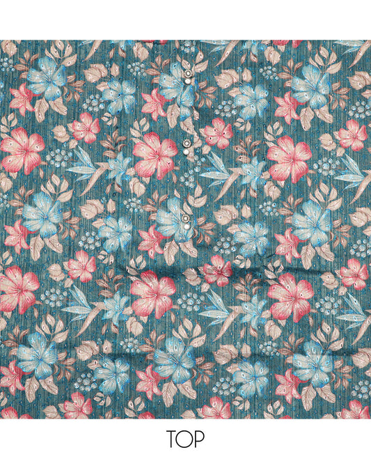 Teal blue material chudidar set, floral printed with thread embroidered top, contrast plain bottom, and sequins striped dupatta