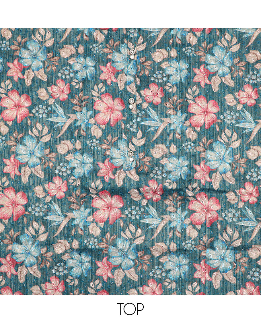 Teal blue material chudidar set, floral printed with thread embroidered top, contrast plain bottom, and sequins striped dupatta