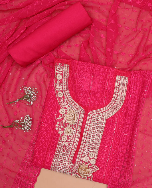 Pink chudidhar material set , floral embroidery, sequins top, plain bottom & floral sequins with scallop border dupatta