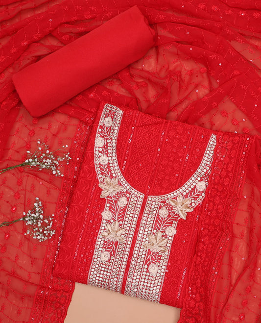 Red chudidhar material set , floral embroidery, sequins top, plain bottom & floral sequins dupatta