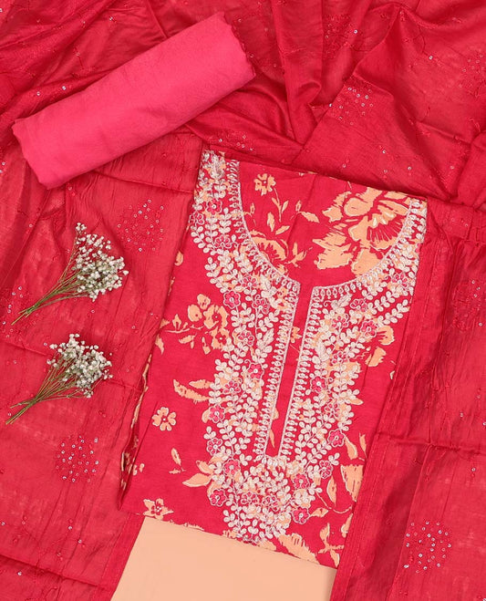 Red floral printed chudidhar material set floral thread embroidered top, plain bottom & sequins embroidered dupatta