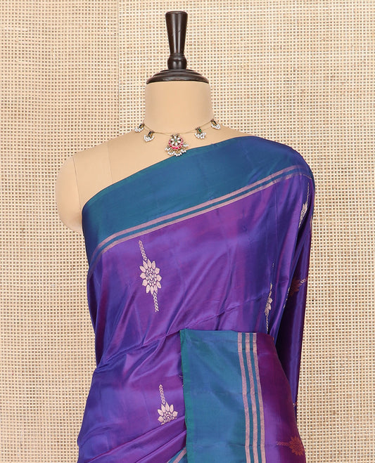 Violet Semi Uppada Saree Highlighted with Zari Buttas, Complemented by a Contrast Border, Captivating Contrast Pallu of Intricate Designs, and Paired with a Contrast Blouse