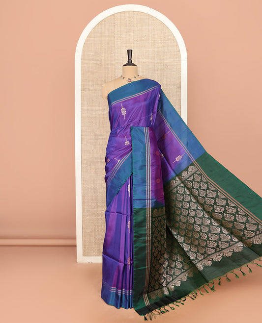 Violet Semi Uppada Saree Highlighted with Zari Buttas, Complemented by a Contrast Border, Captivating Contrast Pallu of Intricate Designs, and Paired with a Contrast Blouse