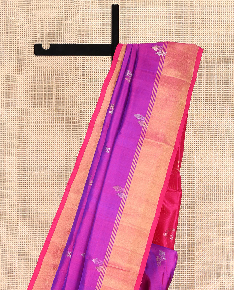Rani Pink Uppada Silk Saree, Prettified with Zari Buttas All Over Its Body, Complemented by a Contrast Bavanji Border, Pallu Steeped with Zari Buttas, and Paired with a Contrast Blouse