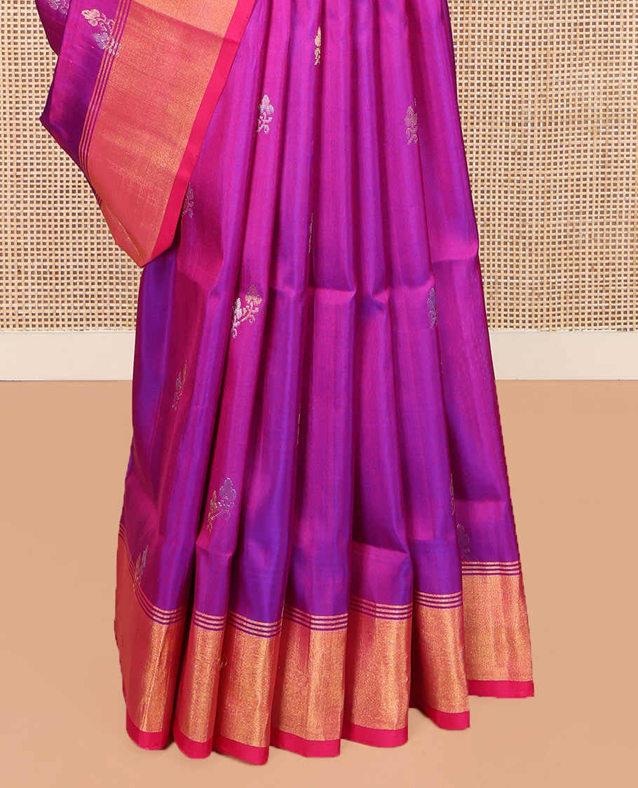 Rani Pink Uppada Silk Saree, Prettified with Zari Buttas All Over Its Body, Complemented by a Contrast Bavanji Border, Pallu Steeped with Zari Buttas, and Paired with a Contrast Blouse