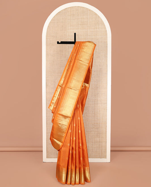 Orange Venkatagiri Silk Saree, Decorated with Zari Buttas and Micri-Checked Design on Its Body, Highlighted by a Zari Border of Rudraksham, and Temple Designs, Grand Jaal Design Pallu, and Paired with a Matching Blouse