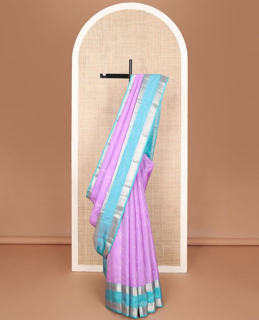 Pink zari buttas vasundhara elite silk saree, contrast rettai pettu border of rekku, muthu, diamond & kuyil kann & pallu steeped with kodi visiry designs