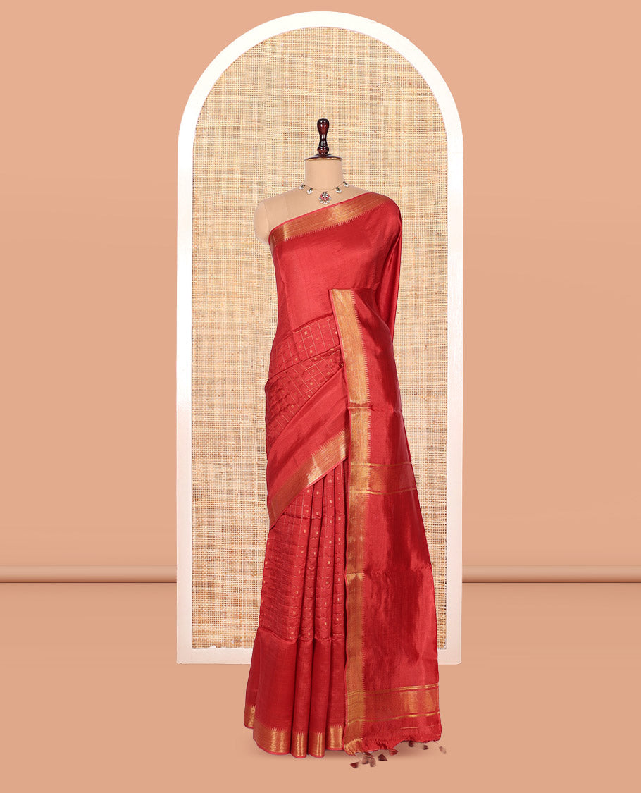 Red Banana Pith Saree, Highlighted  with Checks and Buttas, a Zari Temple Border, Striped Pallu, and Matching Blouse