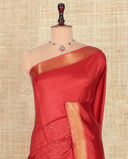 Red Banana Pith Saree, Highlighted  with Checks and Buttas, a Zari Temple Border, Striped Pallu, and Matching Blouse