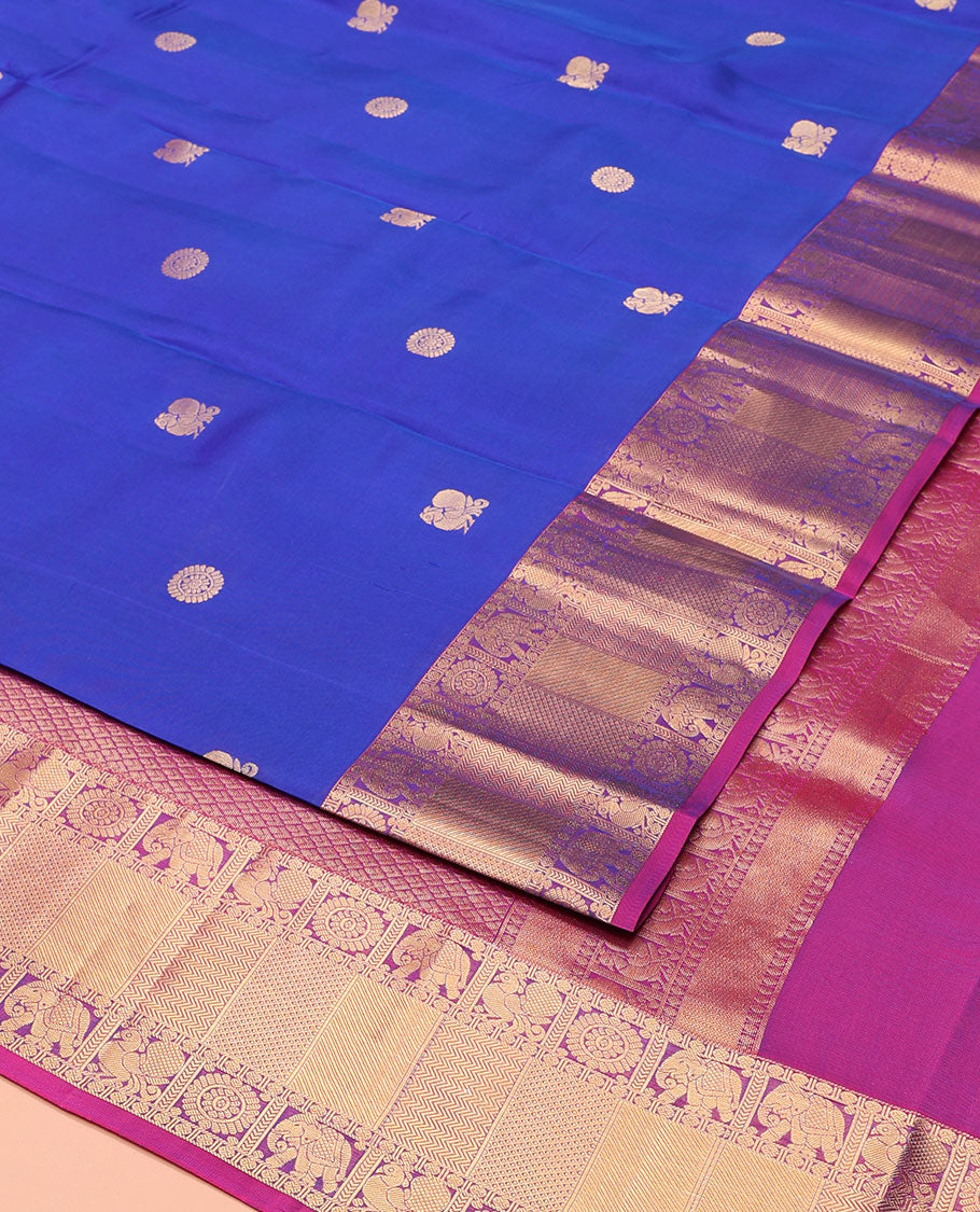 Royal Blue Vasundhara Lite-Silk Mix Saree, Artfully Woven with Annam Chakram Buttas, Complemented by a Contrast Border of Rudraksham, Annam, Chakram, Yaanai, Vanki, and Mayil Kann Designs, Grand Jaal Pallu, and Paired with a Contrast Blouse