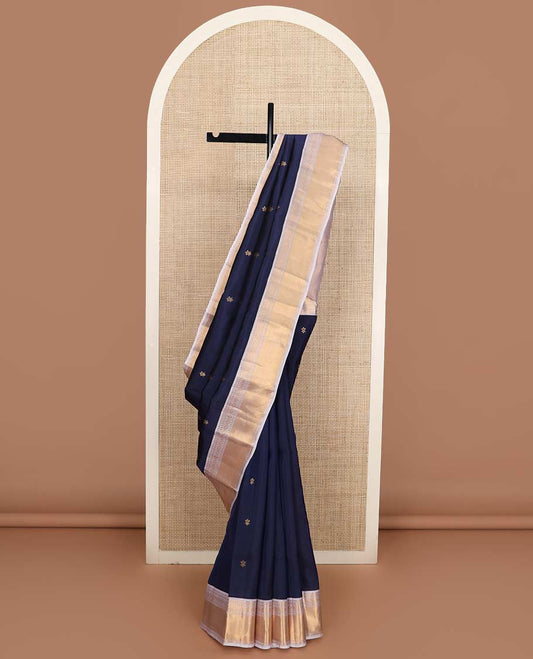 Blue zari buttas Vasundhara silk mix saree, contrast traditional zari border, and zari enriched pallu