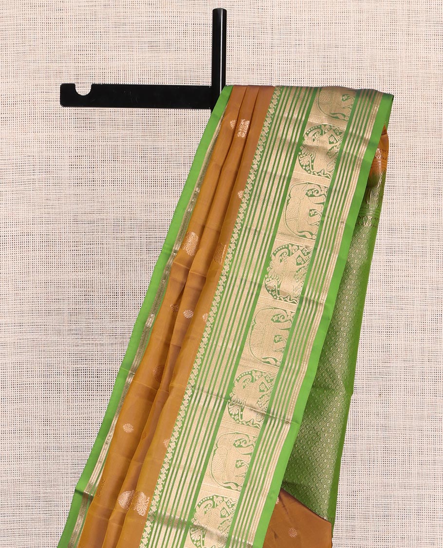 Mustard Zari Buttas Vasundhara Lite Silk Mix Saree, a Contrast Yaali-Yaanai Border, Jaal Pallu, Contrast Blouse