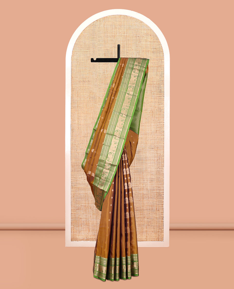 Mustard Zari Buttas Vasundhara Lite Silk Mix Saree, a Contrast Yaali-Yaanai Border, Jaal Pallu, Contrast Blouse