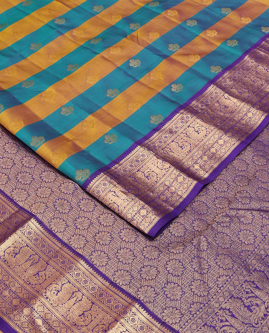 Blue-mustard striped & zari buttas vasundhara elite silksaree, contrast border of rekku,kathir,diamond & mayil & floral pallu