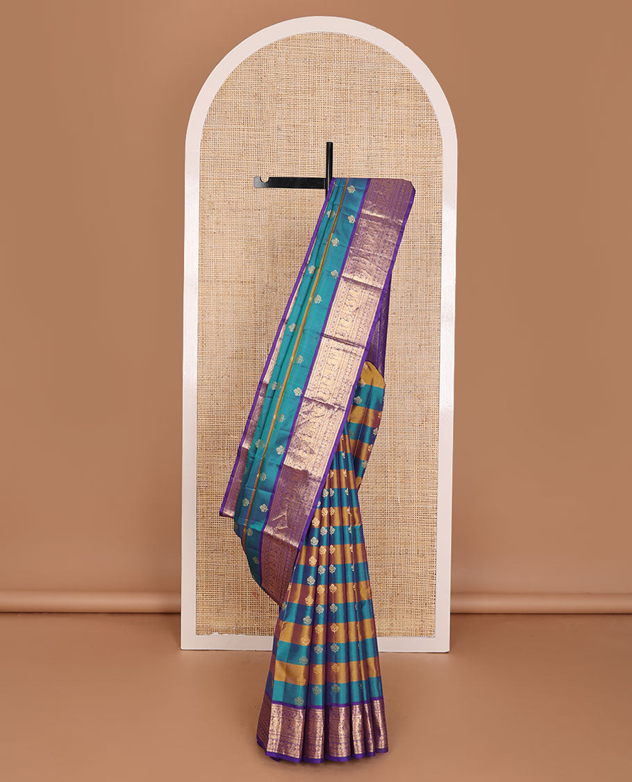 Blue-mustard striped & zari buttas vasundhara elite silksaree, contrast border of rekku,kathir,diamond & mayil & floral pallu