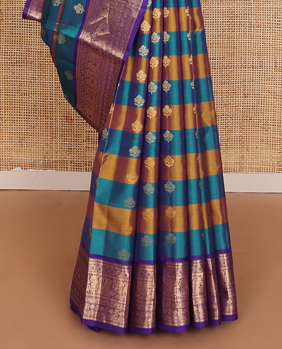 Blue-mustard striped & zari buttas vasundhara elite silksaree, contrast border of rekku,kathir,diamond & mayil & floral pallu