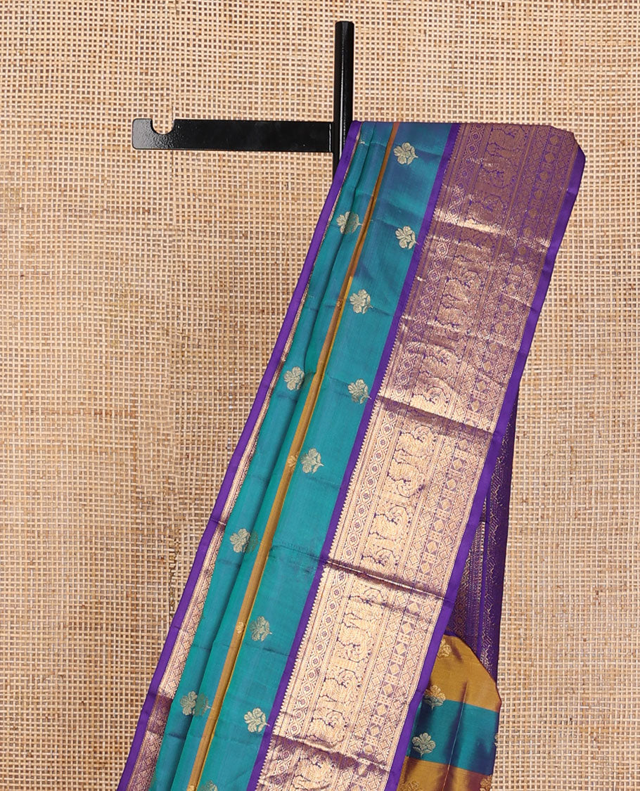 Blue-mustard striped & zari buttas vasundhara elite silksaree, contrast border of rekku,kathir,diamond & mayil & floral pallu