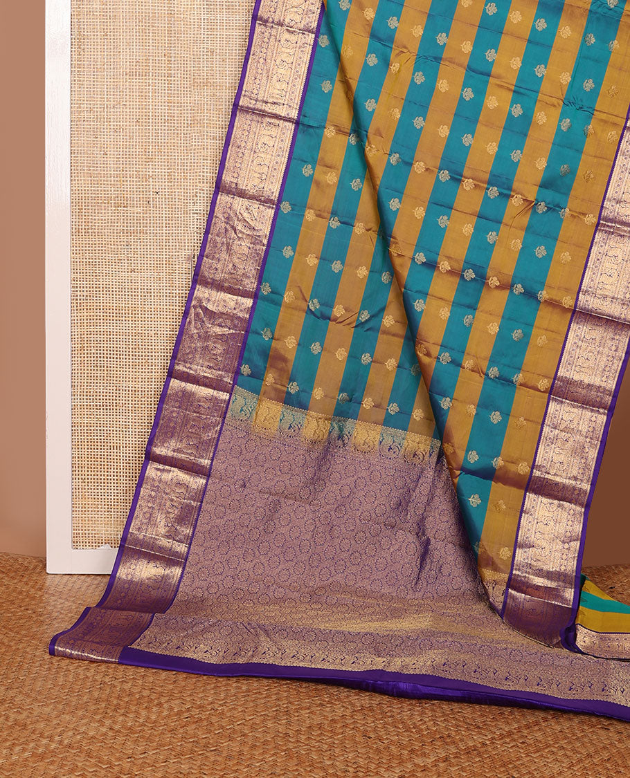 Blue-mustard striped & zari buttas vasundhara elite silksaree, contrast border of rekku,kathir,diamond & mayil & floral pallu