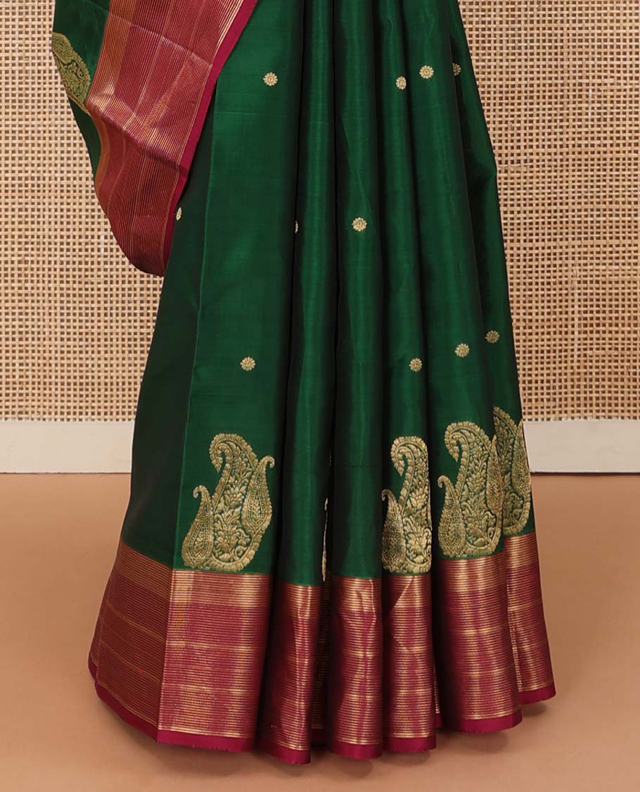 Green zari buttas and manga buttas Vasundhara silk mix saree, contrast zari striped border, and jaal pallu