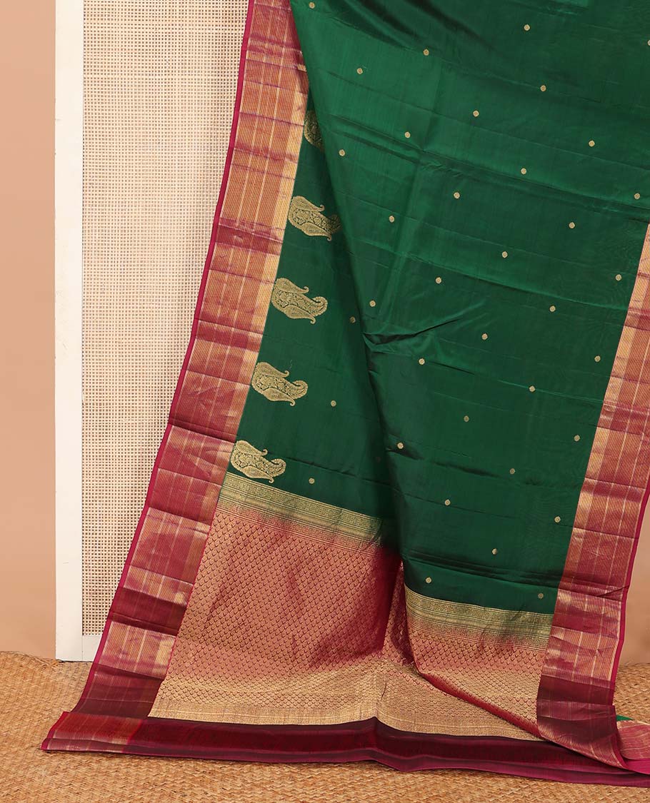 Green zari buttas and manga buttas Vasundhara silk mix saree, contrast zari striped border, and jaal pallu
