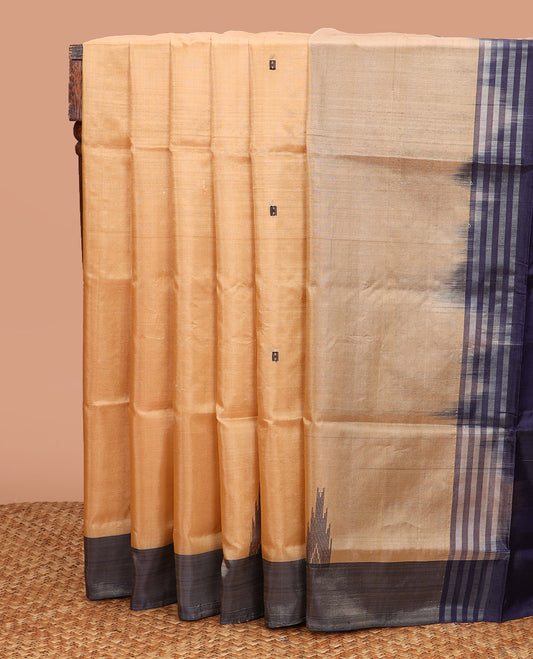 Sandal Banana Pith Saree, Lightly Embellished with Temple Buttas All Over Its Body, Complemented by a Contrast Border, Pallu Depicting Buttas, and Paired with a Contrast Blouse