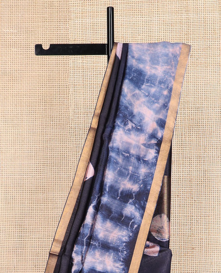 Blue shibori printed banana pith saree, zari piping border, and shibori printed pallu