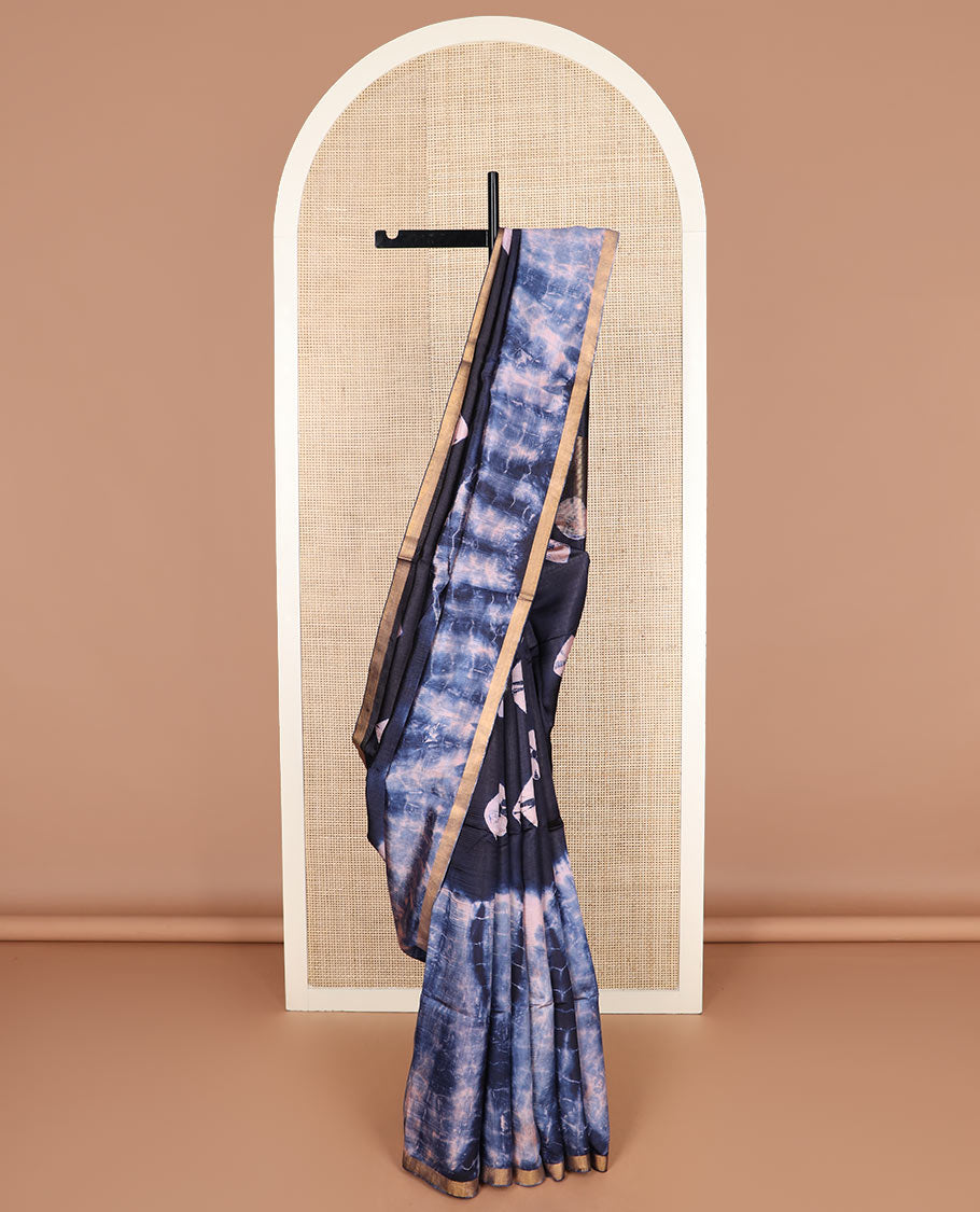 Blue shibori printed banana pith saree, zari piping border, and shibori printed pallu