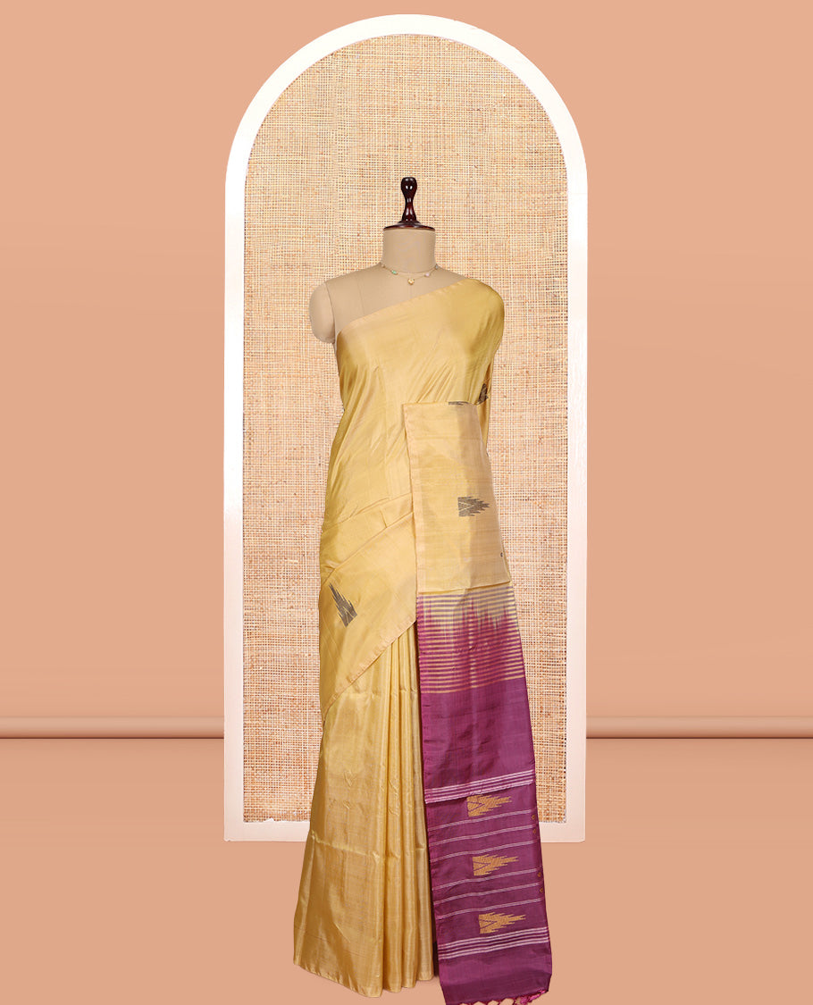 Borderless Sandal Banana Pith Saree, Woven with Temple Buttas, a Contrast Pallu of Stripes and Temple Design, and a Contrast Blouse
