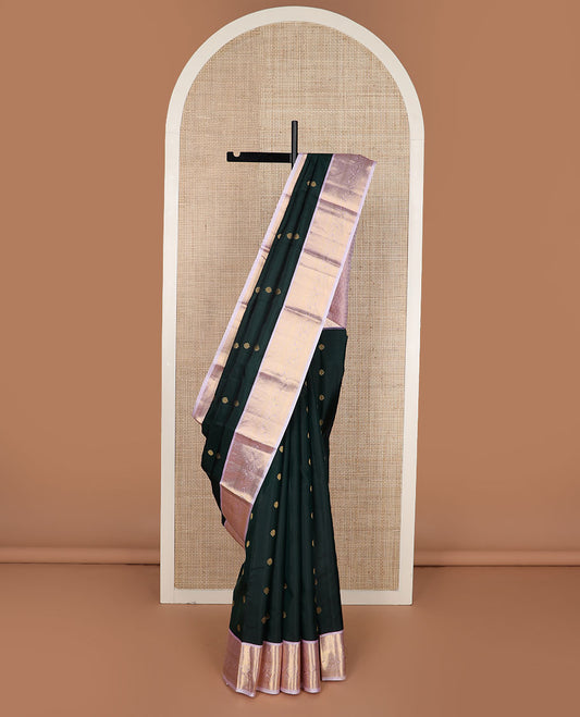 Green zari buttas silk saree, contrast border of manga,kamalam,poun, diamond,neli,kathir & kodi visiry & jaal pallu