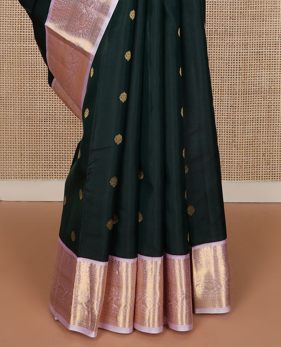 Green zari buttas silk saree, contrast border of manga,kamalam,poun, diamond,neli,kathir & kodi visiry & jaal pallu
