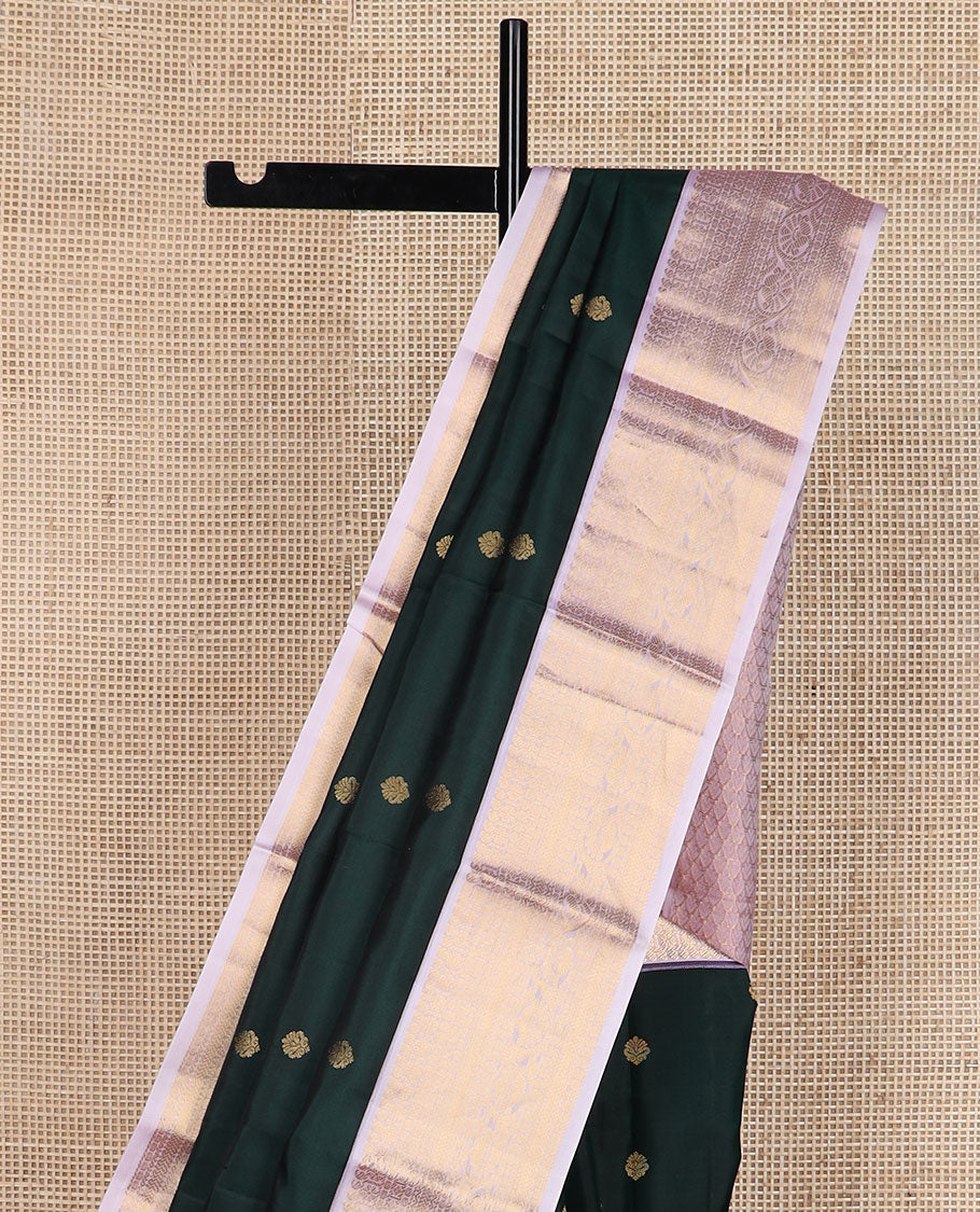 Green zari buttas silk saree, contrast border of manga,kamalam,poun, diamond,neli,kathir & kodi visiry & jaal pallu