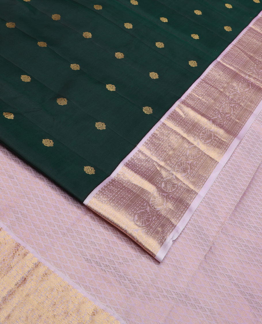 Green zari buttas silk saree, contrast border of manga,kamalam,poun, diamond,neli,kathir & kodi visiry & jaal pallu