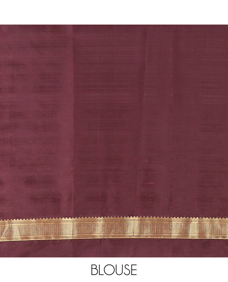 Orange zari buttas silk saree, contrast border of reeku, banaras, and ara maadam designs, and jaal pallu