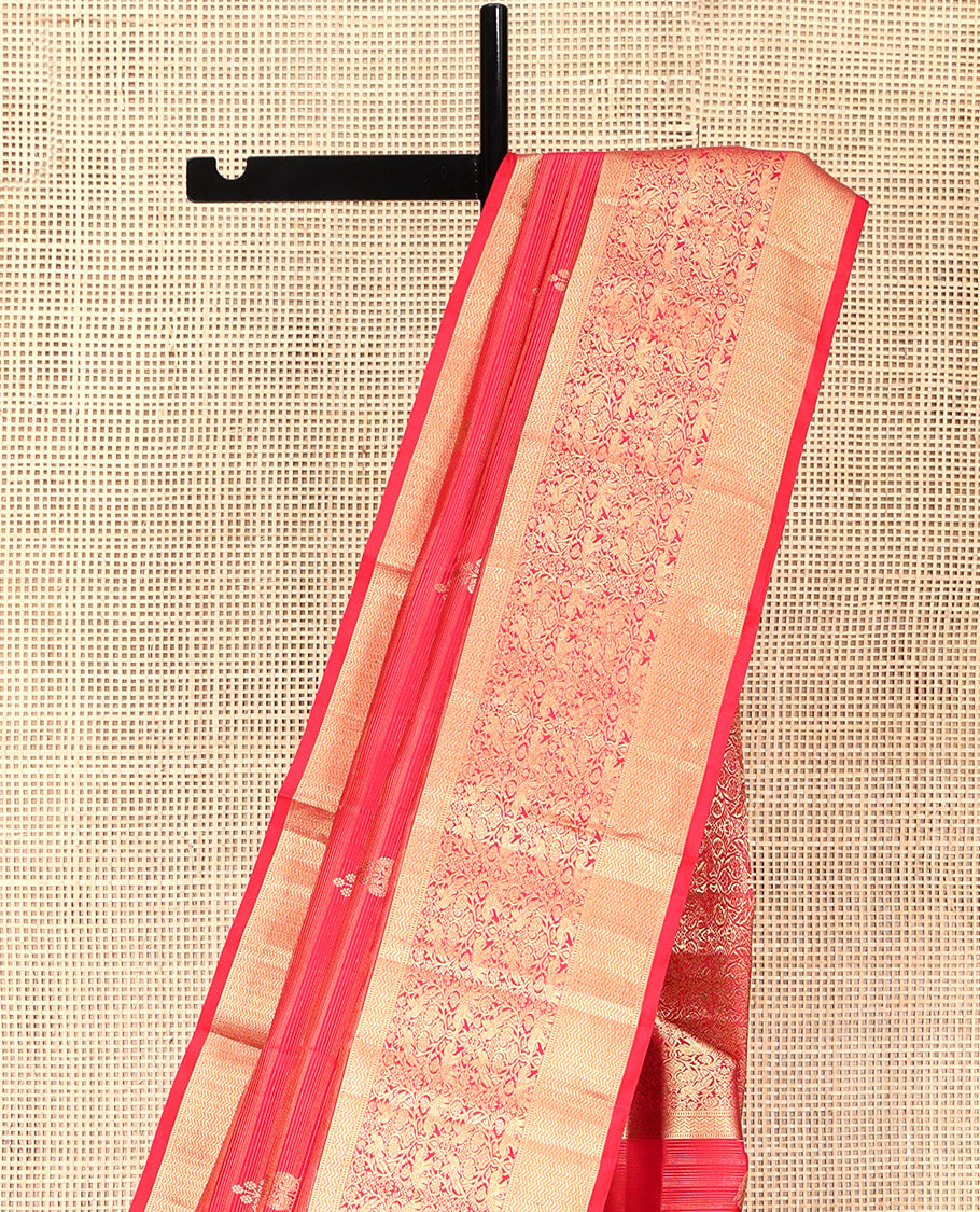 Red Vasundhara Silk Saree, Elegantly Highlighted with Zari Buttas, Highlighted by a Vanasingaram-Style Zari Vanki Border, Jaal Pallu, and a Matching Blouse