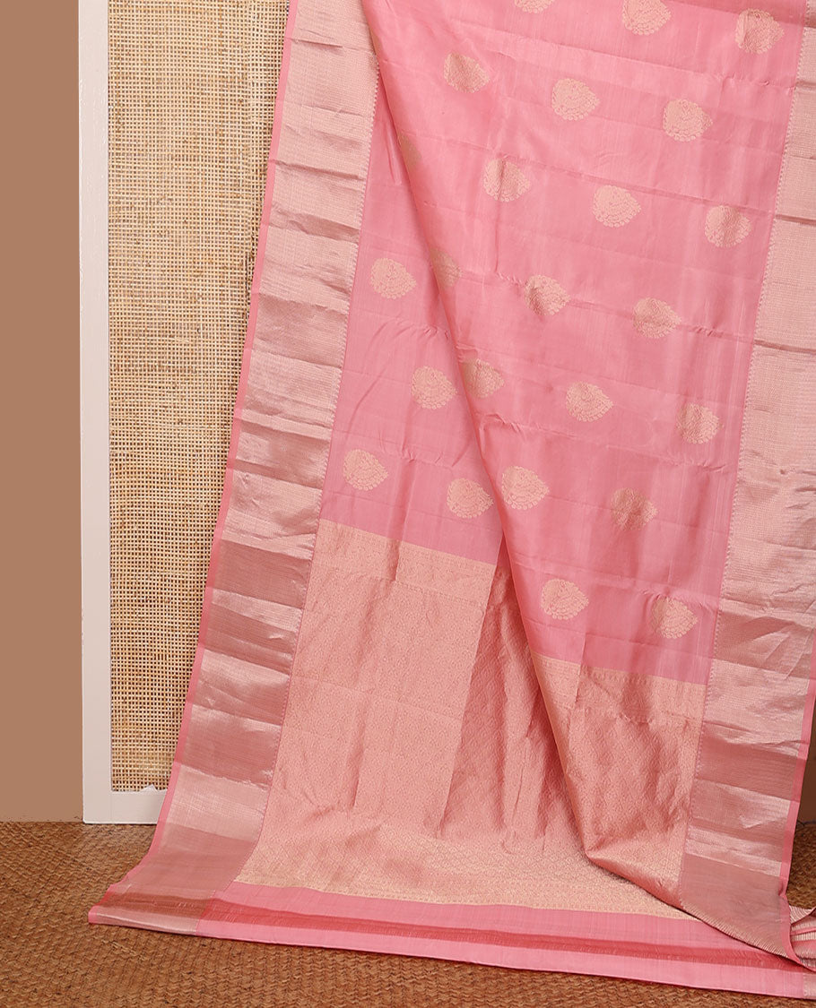 Pink silk saree with zari buttas, zari border of rekku, muthu & kathir design & jaal pallu
