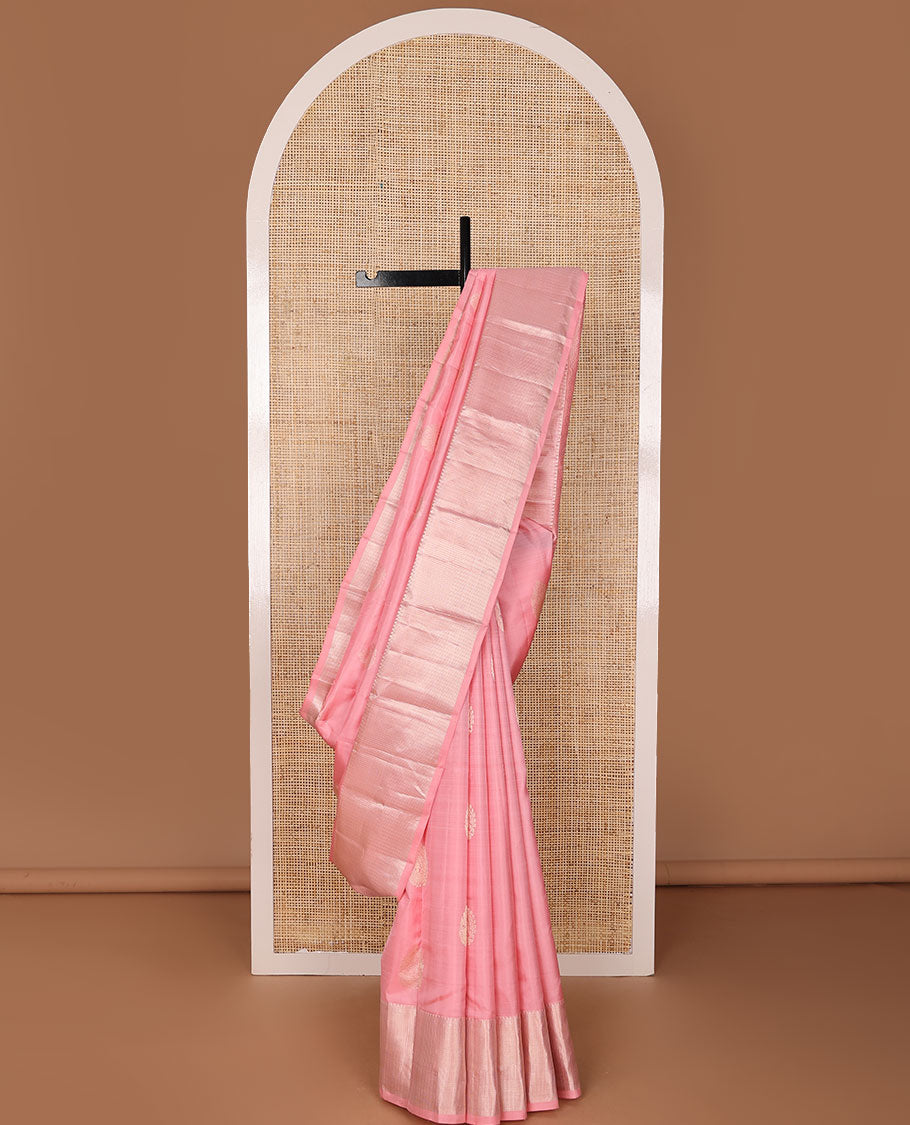 Pink silk saree with zari buttas, zari border of rekku, muthu & kathir design & jaal pallu