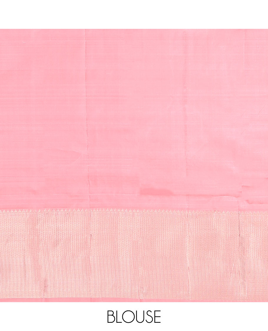 Pink silk saree with zari buttas, zari border of rekku, muthu & kathir design & jaal pallu