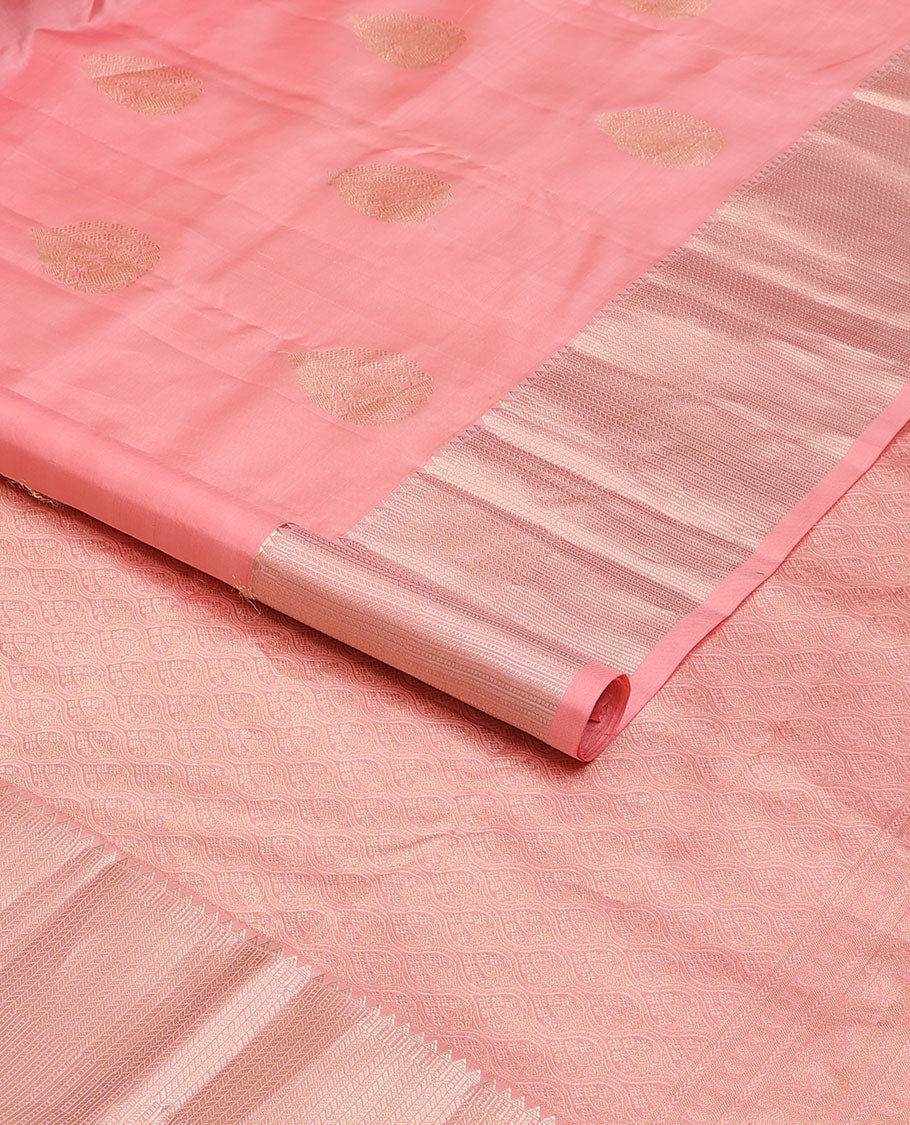Pink silk saree with zari buttas, zari border of rekku, muthu & kathir design & jaal pallu