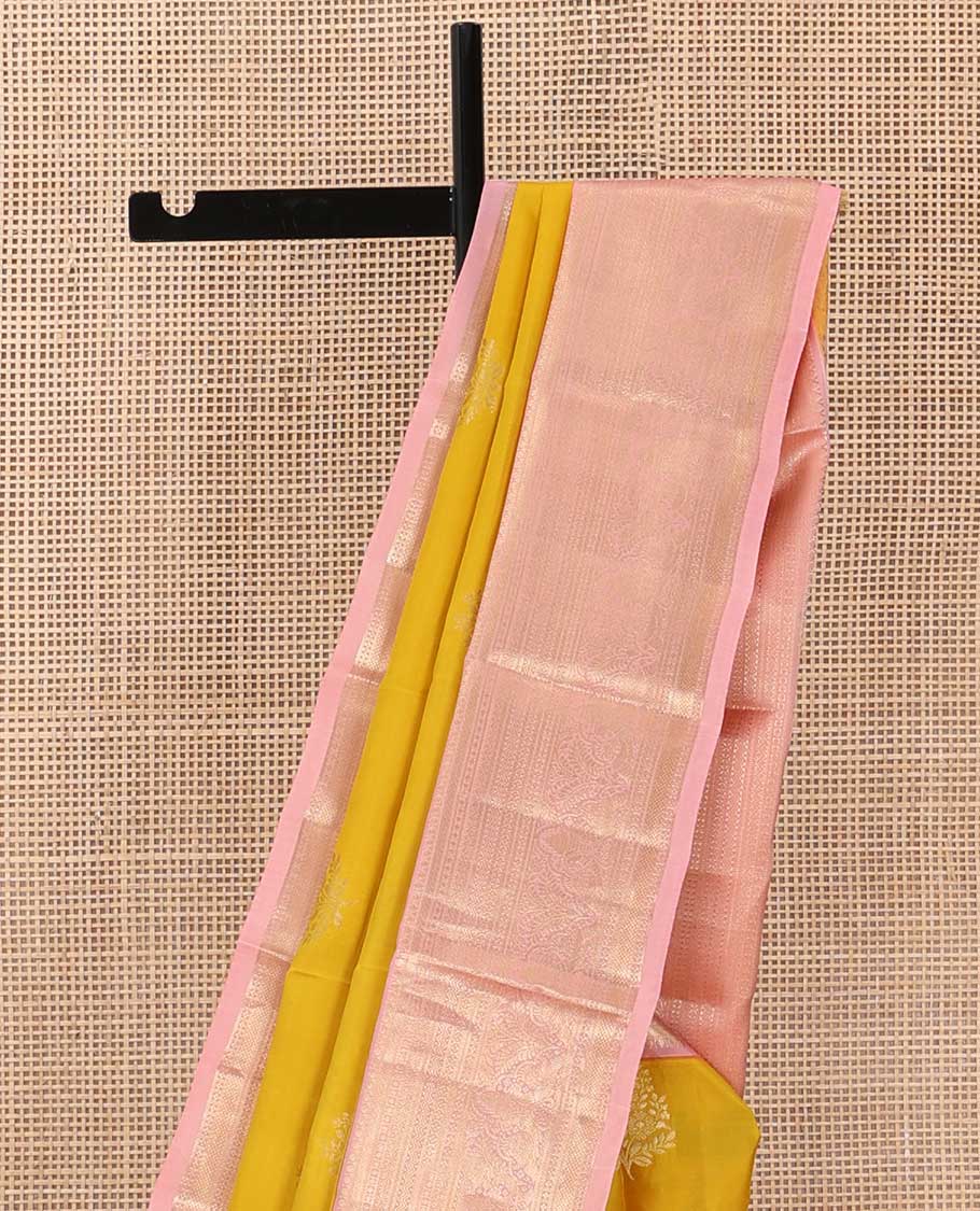 Mango yellow zari buttas silk saree, contrast traditional zari border, and pallu of jaal design