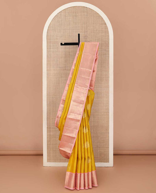 Mango yellow zari buttas silk saree, contrast traditional zari border, and pallu of jaal design