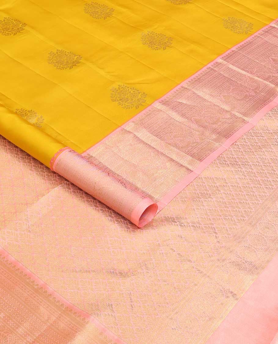 Mango yellow zari buttas silk saree, contrast traditional zari border, and pallu of jaal design