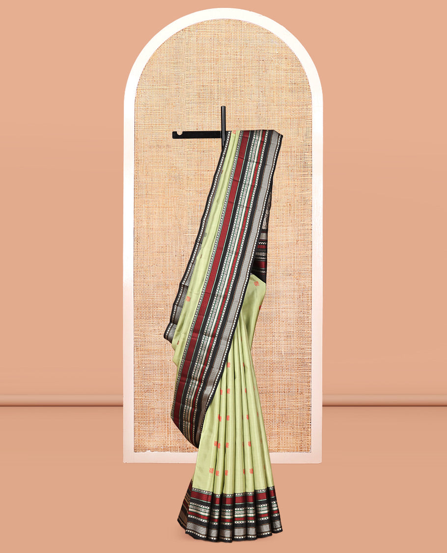 Green Vasundhara Silk Saree, Crafted with Thread Buttas, Contrast Border of Rekku, Ara Maadam, and Jada Nagam Designs, Manga Pallu, and Contrast Blouse