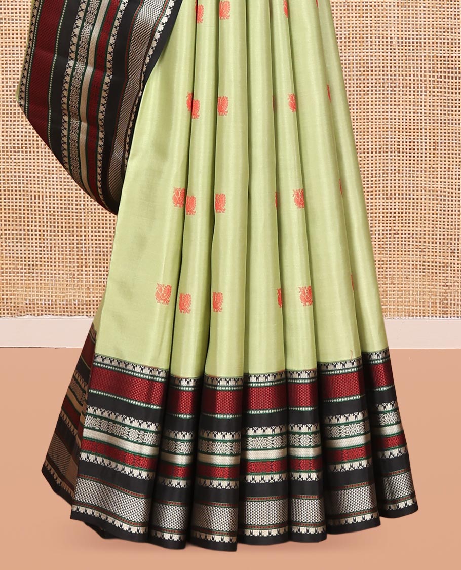 Green Vasundhara Silk Saree, Crafted with Thread Buttas, Contrast Border of Rekku, Ara Maadam, and Jada Nagam Designs, Manga Pallu, and Contrast Blouse